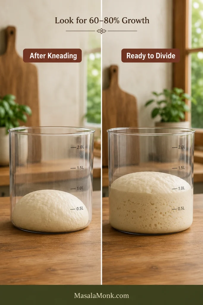 Pizza dough shown before and after rising in matching straight-sided containers, with the risen dough visibly larger and aerated.