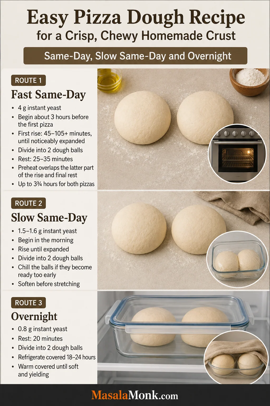 Vertical timeline comparing fast same-day, slow same-day and overnight pizza dough schedules with different start times and yeast amounts.