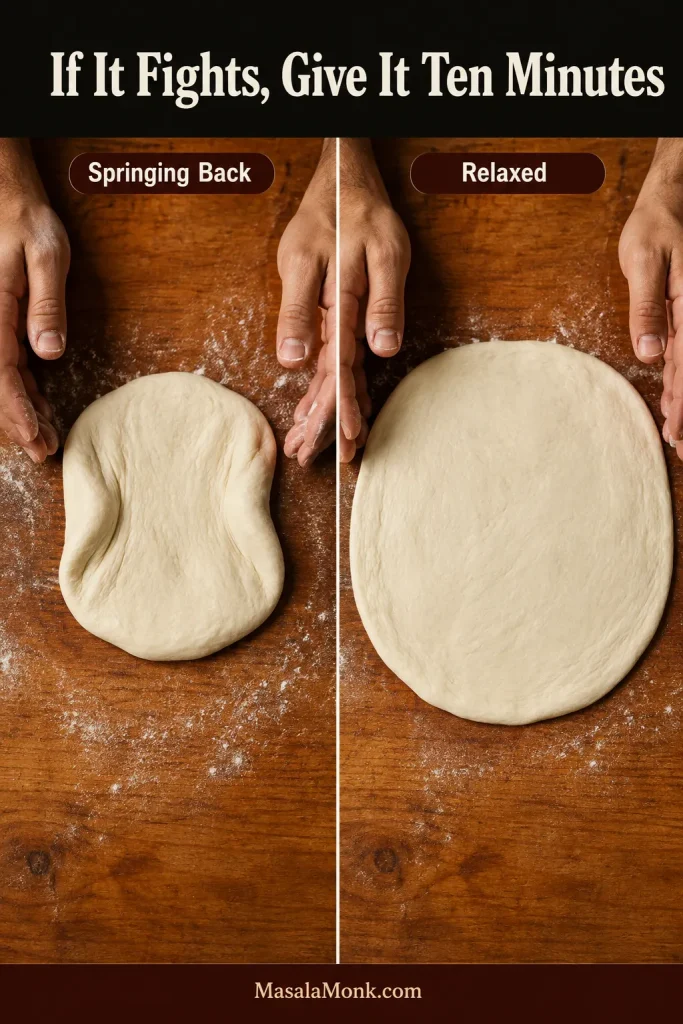 Side-by-side comparison showing tight pizza dough shrinking inward and rested dough remaining wider after stretching.