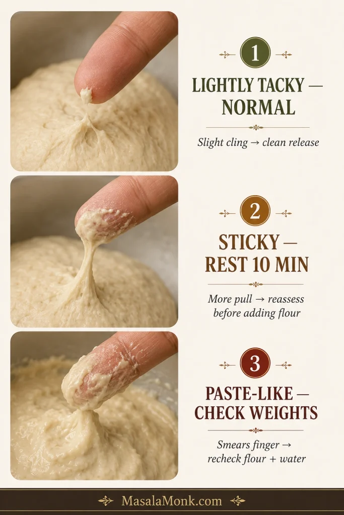 Three fingertip tests comparing lightly tacky dough that releases cleanly, sticky dough that stretches from the finger and paste-like dough that smears.