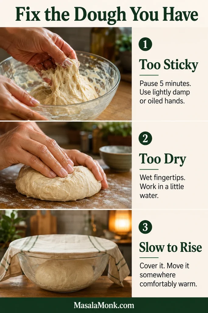 Three-part pizza dough troubleshooting guide showing sticky dough, dry dough being moistened and covered dough resting somewhere warm.