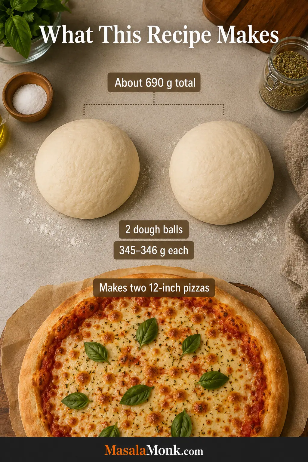 Two equal pizza dough balls beside two matching 12-inch homemade pizzas, with total and per-ball dough weights displayed.