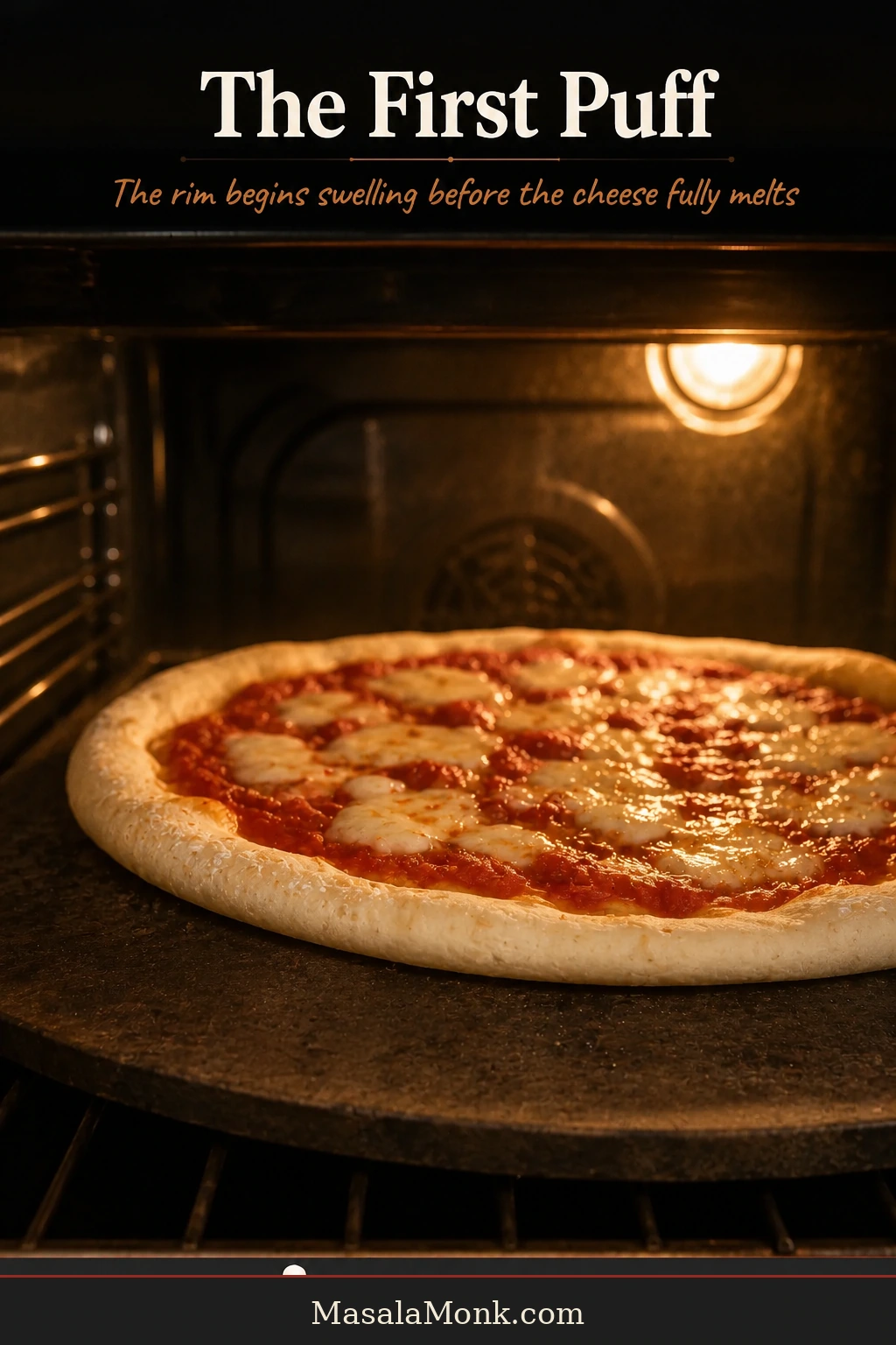 Early-stage pizza baking in a home oven with the rim beginning to puff while the cheese is only partly melted.
