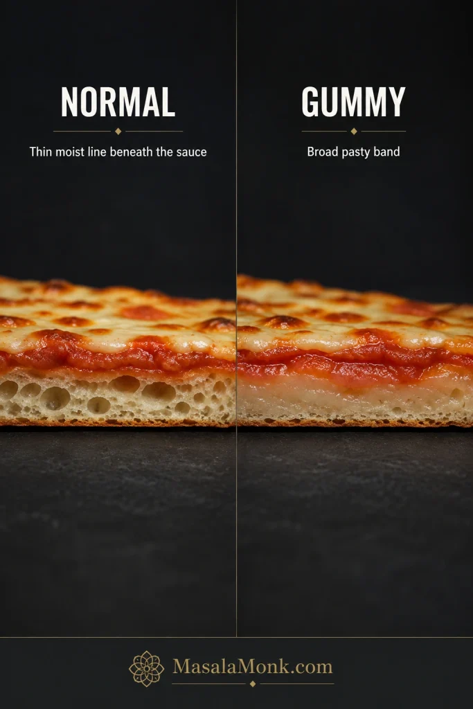 Two cheese-pizza center cross-sections comparing a thin moist line beneath the sauce with a broad pale gummy band.