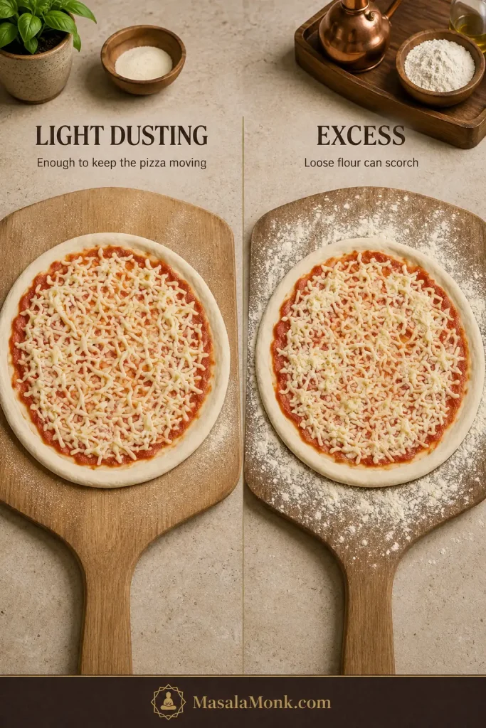 Two raw cheese pizzas on wooden peels, one with a light dusting of flour or semolina and one with visibly excessive loose dusting.