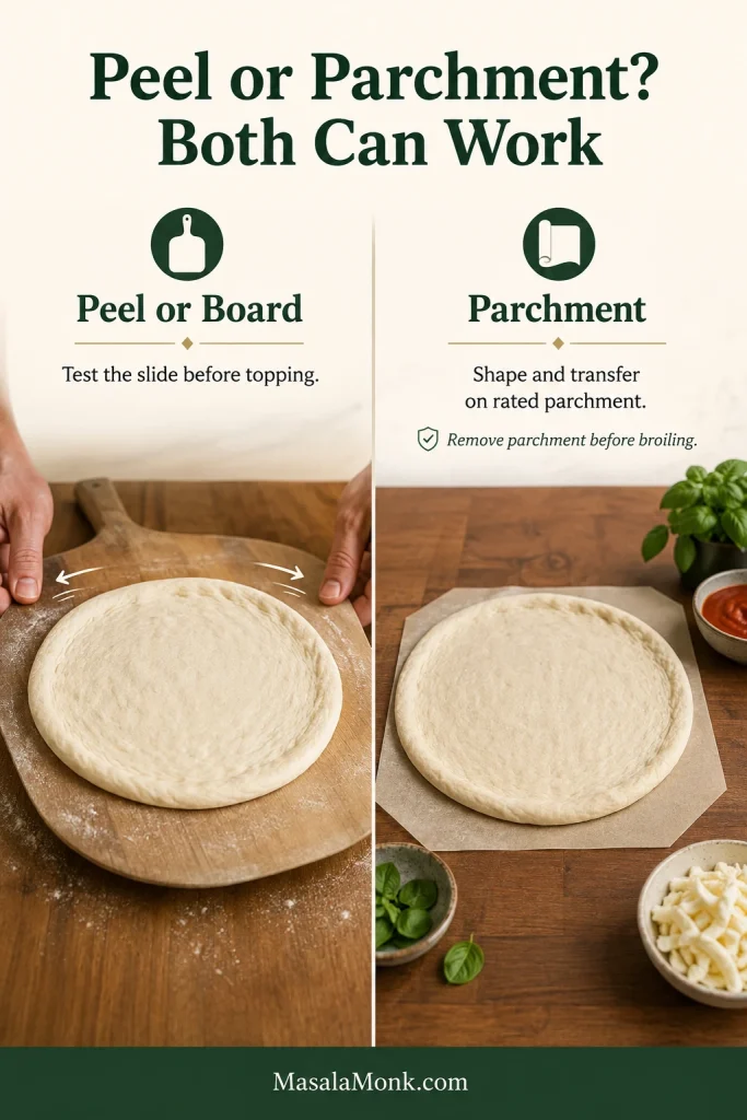 Pizza transfer guide comparing shaped dough on a lightly dusted wooden peel with dough prepared on trimmed parchment paper.