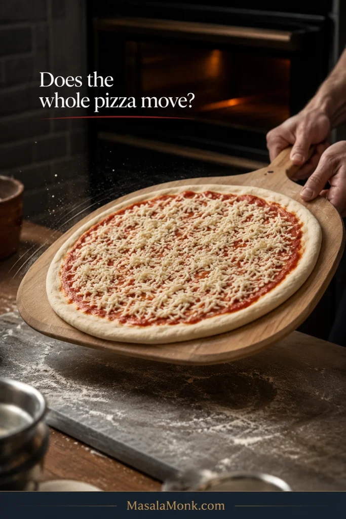 Raw topped cheese pizza sliding freely on a wooden pizza peel during a short shake test before baking.