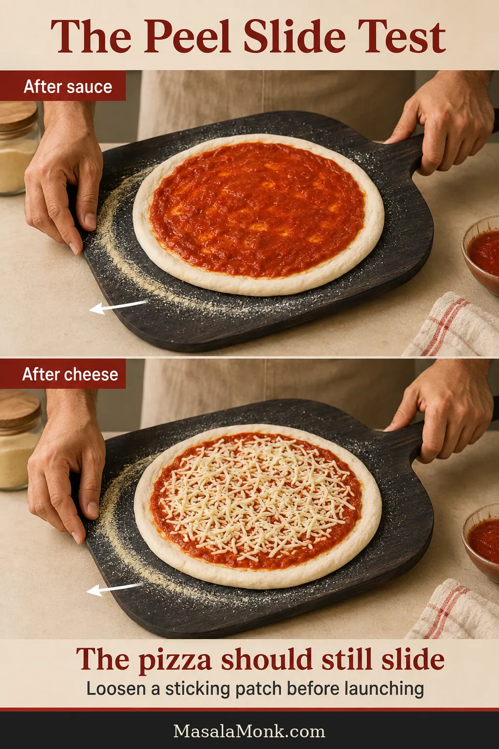 Raw topped pizza on a dark peel with semolina tracks indicating that the dough can move side to side before launching.