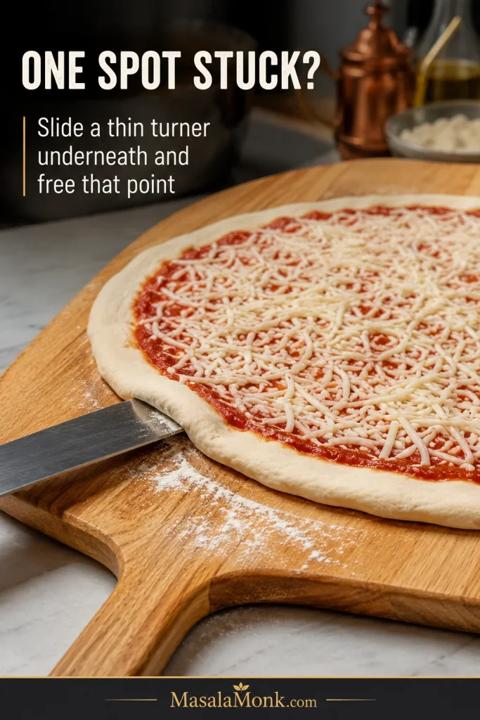 Thin metal turner sliding beneath one stuck area of a raw topped cheese pizza on a wooden peel.