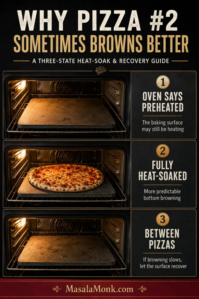 Three-stage home-oven guide showing a baking surface before full heat soak, fully heated and recovering between pizzas.