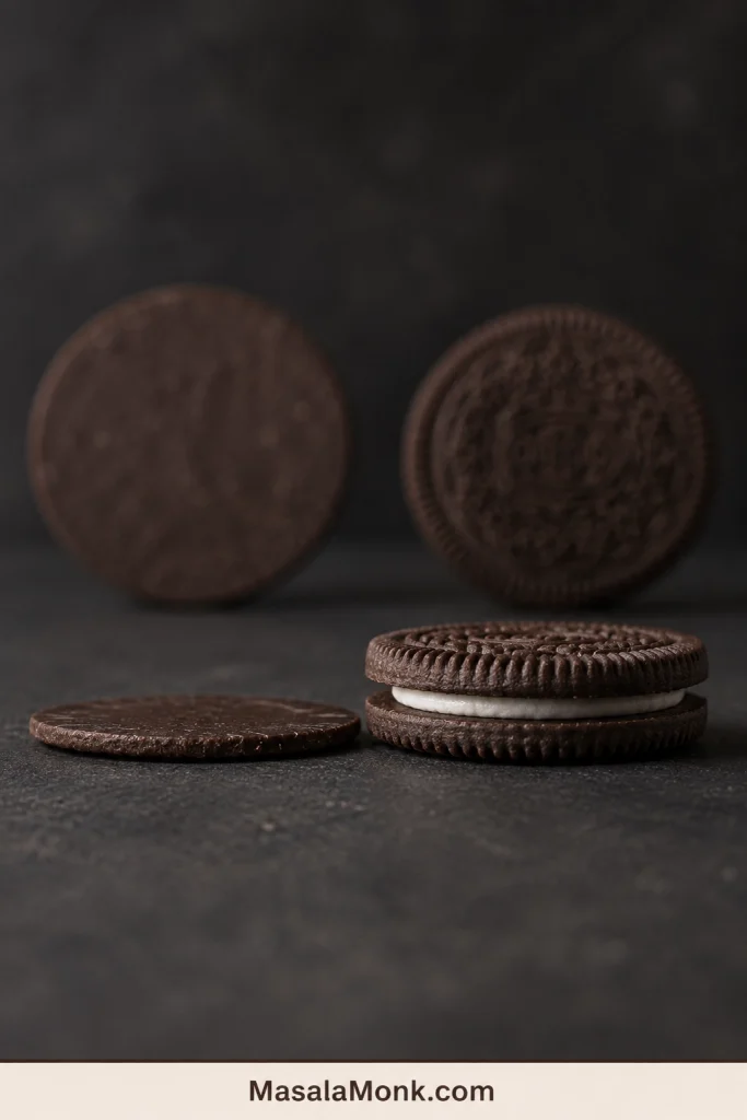 Side-profile comparison of a thin unfilled chocolate wafer and a thicker chocolate sandwich cookie with white filling.