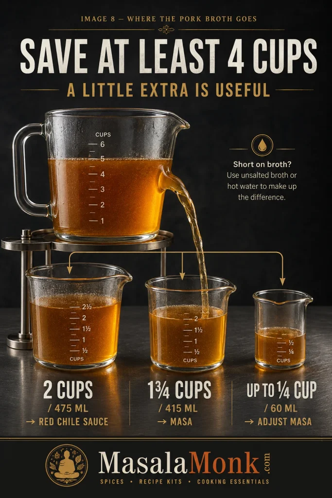 Pork broth divided into measuring vessels: 2 cups for red chile sauce, 1¾ cups for masa, and up to ¼ cup reserved for adjusting the masa.