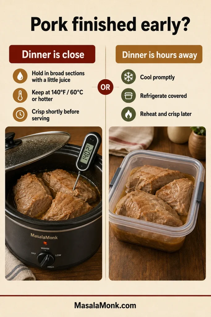 Decision infographic shows pork held with juice above 140°F in a slow cooker or cooled promptly in a covered container for later reheating.