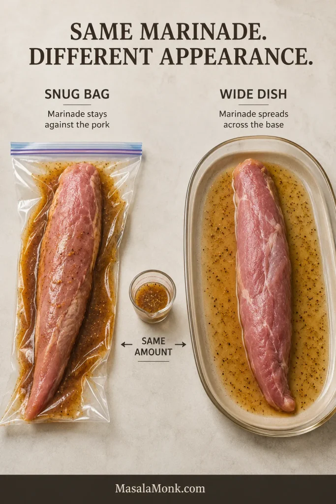 The same pork tenderloin marinade in a snug zip bag and a broad shallow dish, showing different visible liquid depth.