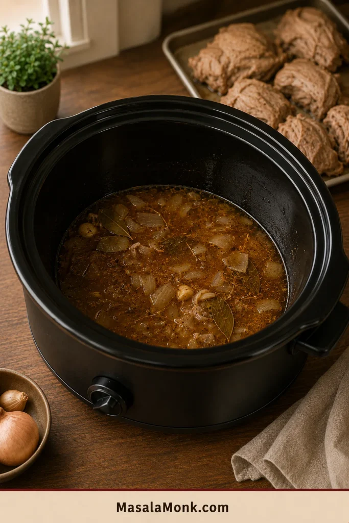 Amber pork cooking liquid, rendered fat, softened onion, garlic and bay leaves remain inside an emptied slow cooker.