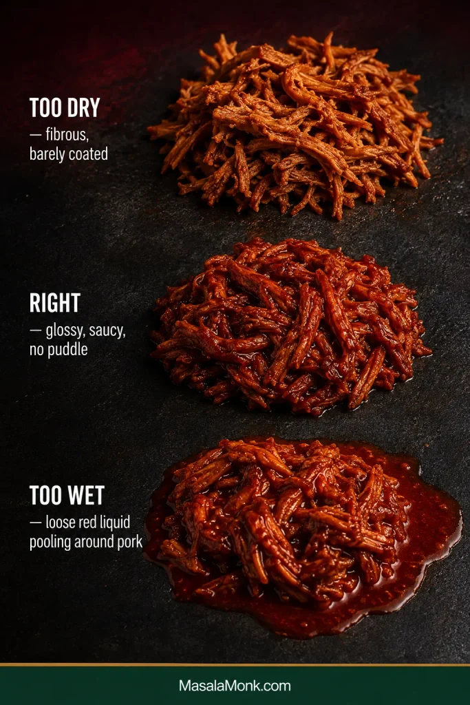 Three pork tamale filling consistencies showing dry under-coated pork, correctly glossy pork with sauce clinging to the meat and no puddle, and overly wet pork sitting in loose red liquid.