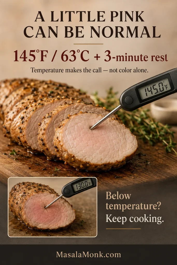 Cooked pork tenderloin with a subtle pink center at 145°F beside a lower-temperature comparison slice.