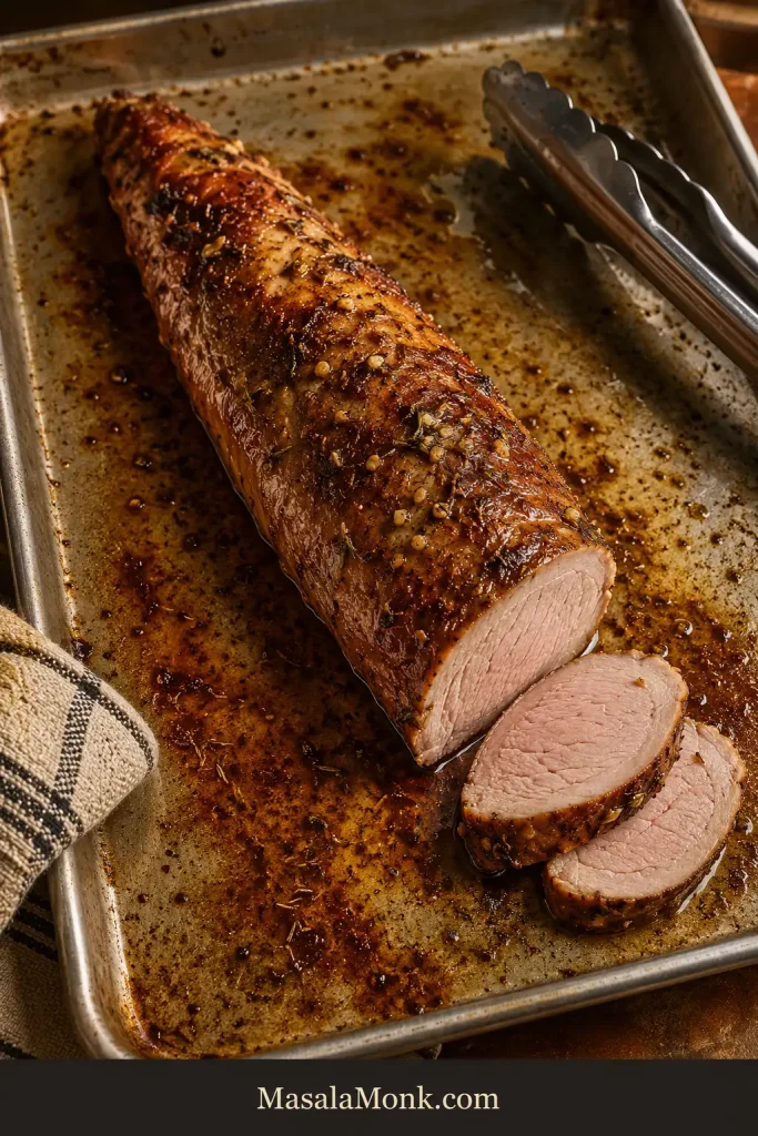 Two-zone charcoal grill with browned pork tenderloin moving from the hot coal side to a cooler finishing zone.