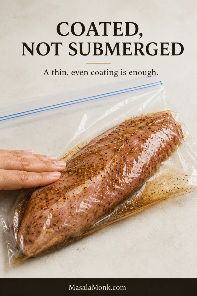 Raw pork tenderloin in a zip bag evenly coated with pork tenderloin marinade, with only a small amount pooling below.