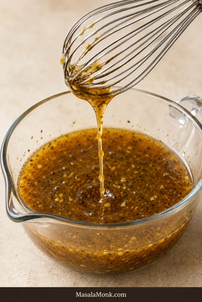 Thin amber-brown pork tenderloin marinade with garlic and herb flecks streaming from a whisk into a glass bowl.