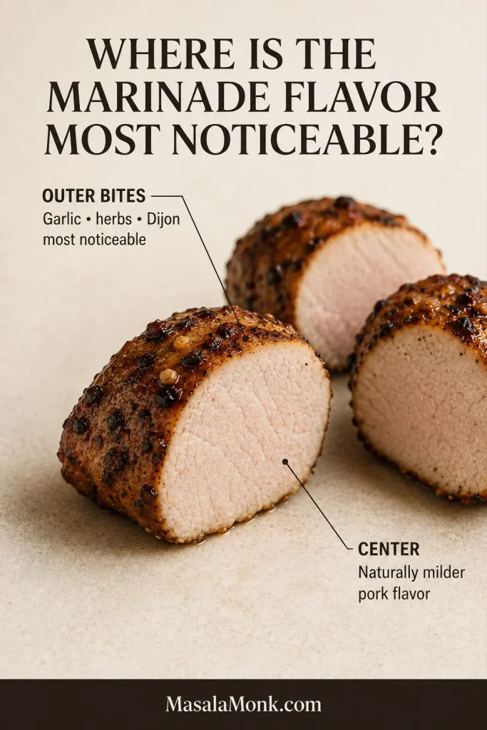 Pork medallions showing a browned outer crust and moist center, with callouts for where pork tenderloin marinade flavor is strongest.