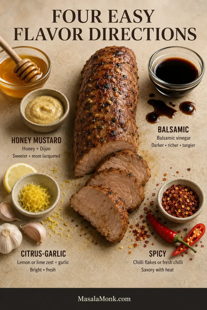 Sliced pork tenderloin with four pork tenderloin marinade variations: honey-Dijon, balsamic, citrus-garlic and spicy red chilli.