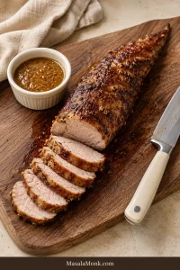 Sliced marinated pork tenderloin with a deep golden-mahogany crust, moist pale center, mustard-style sauce in a ramekin, and carving knife on a walnut board.