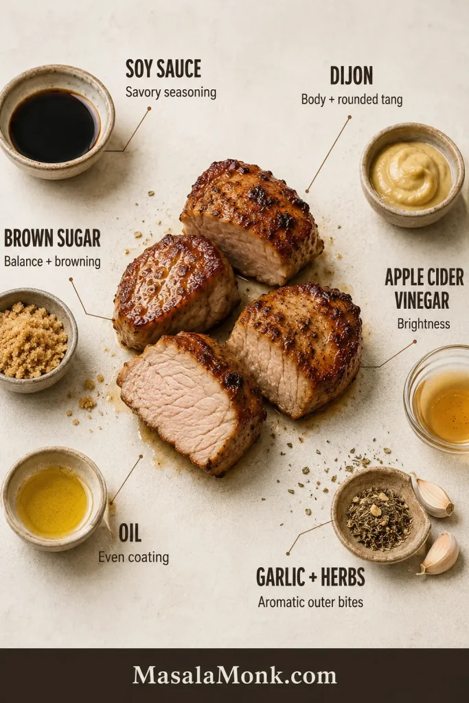 Cooked medallions surrounded by pork tenderloin marinade ingredients, with callouts for soy, Dijon, sugar, vinegar, oil, garlic and herbs.