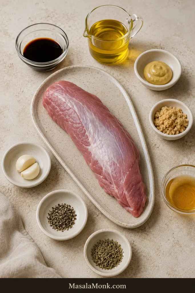 Pork tenderloin marinade ingredients around a raw tapered tenderloin: soy sauce, oil, Dijon, brown sugar, vinegar, garlic, pepper and herbs.