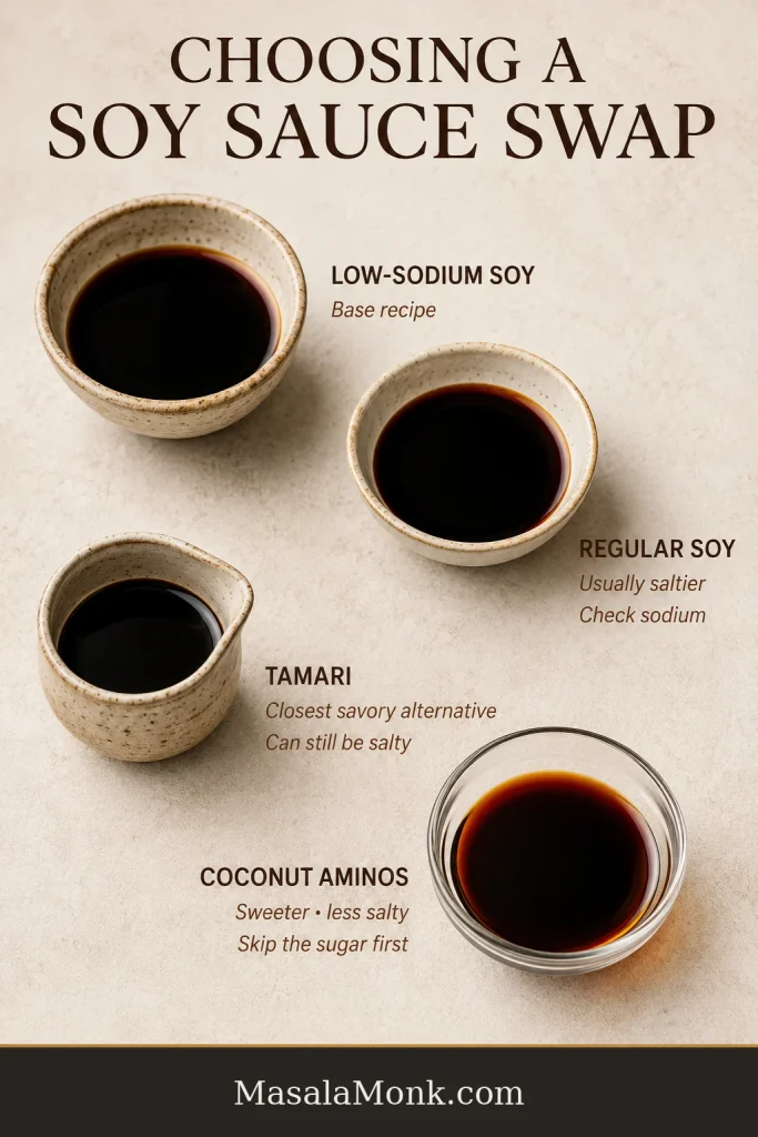 Four sauce portions compare low-sodium soy sauce, regular soy sauce, tamari and coconut aminos for saltiness and sweetness.