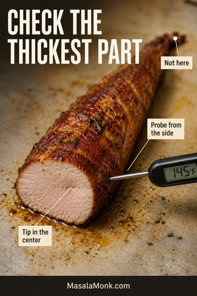 Thermometer inserted horizontally into the thickest part of cooked pork tenderloin, with the probe tip centered away from the tail.