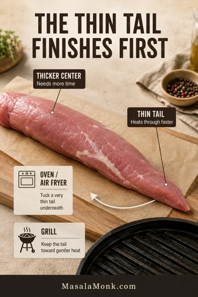 Raw tapered pork tenderloin labeled at the thick center and thin tail, with tuck-under and gentler-heat guidance.