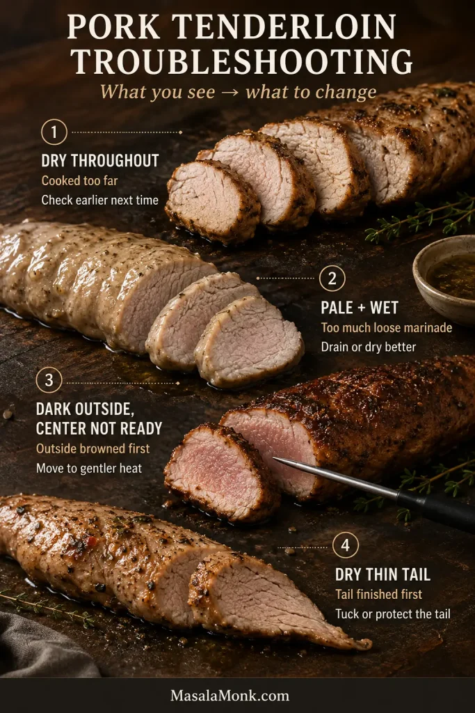 Troubleshooting graphic comparing dry slices, pale wet pork, a dark exterior with underdone center, and a dry thin tail.