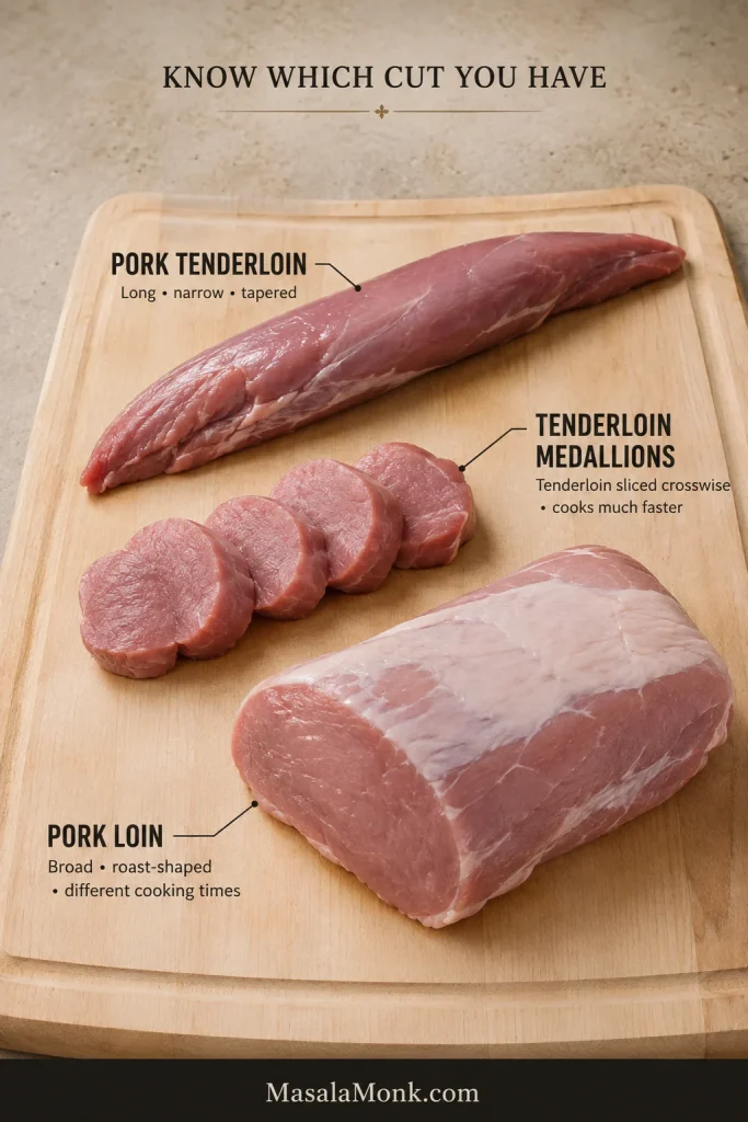 Raw pork tenderloin, tenderloin medallions and a much wider pork loin displayed side by side for comparison.