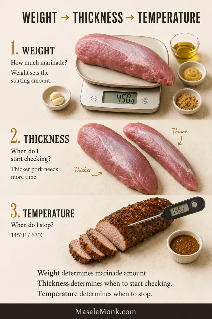 Infographic linking pork tenderloin weight, thickness and internal temperature with a scale, differently sized tenderloins and thermometer.