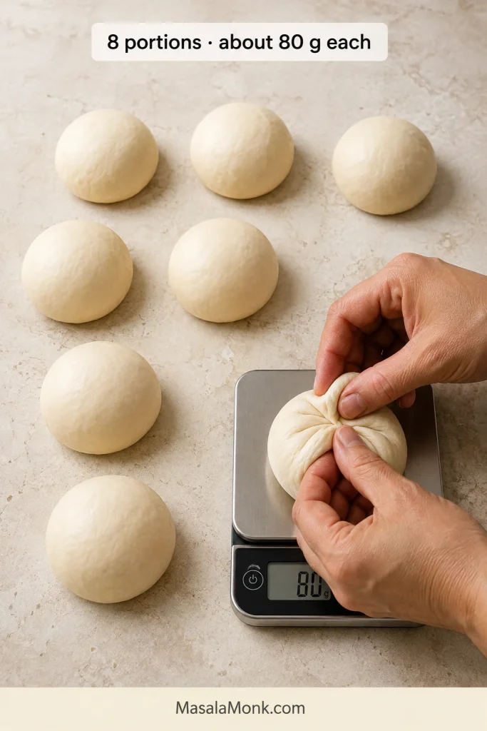 Seven smooth dough balls beside an eighth 80-gram portion being shaped on a digital scale.