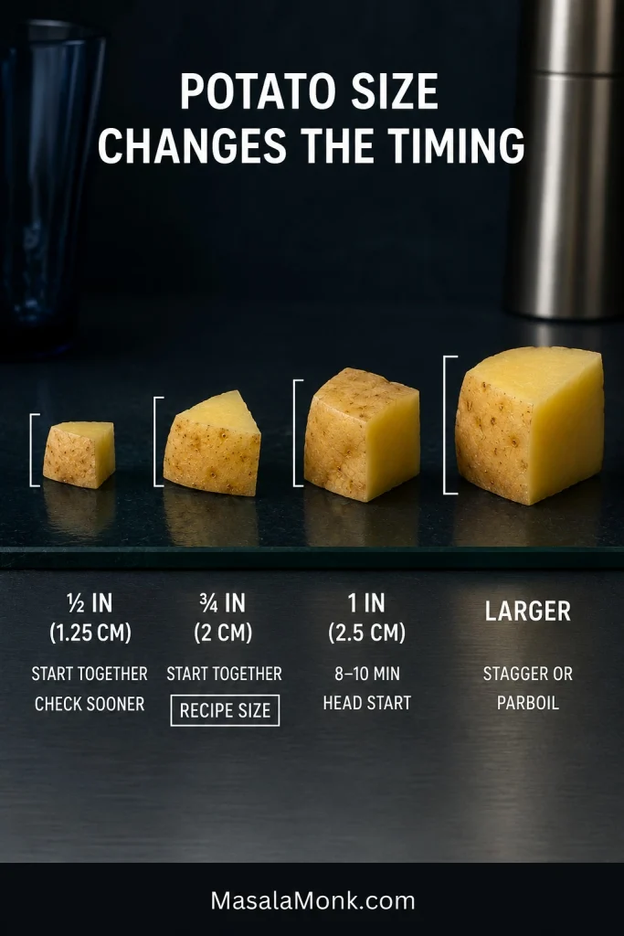 Potato pieces shown at several sizes from about half an inch to larger than one inch, illustrating how larger cuts need more roasting time.