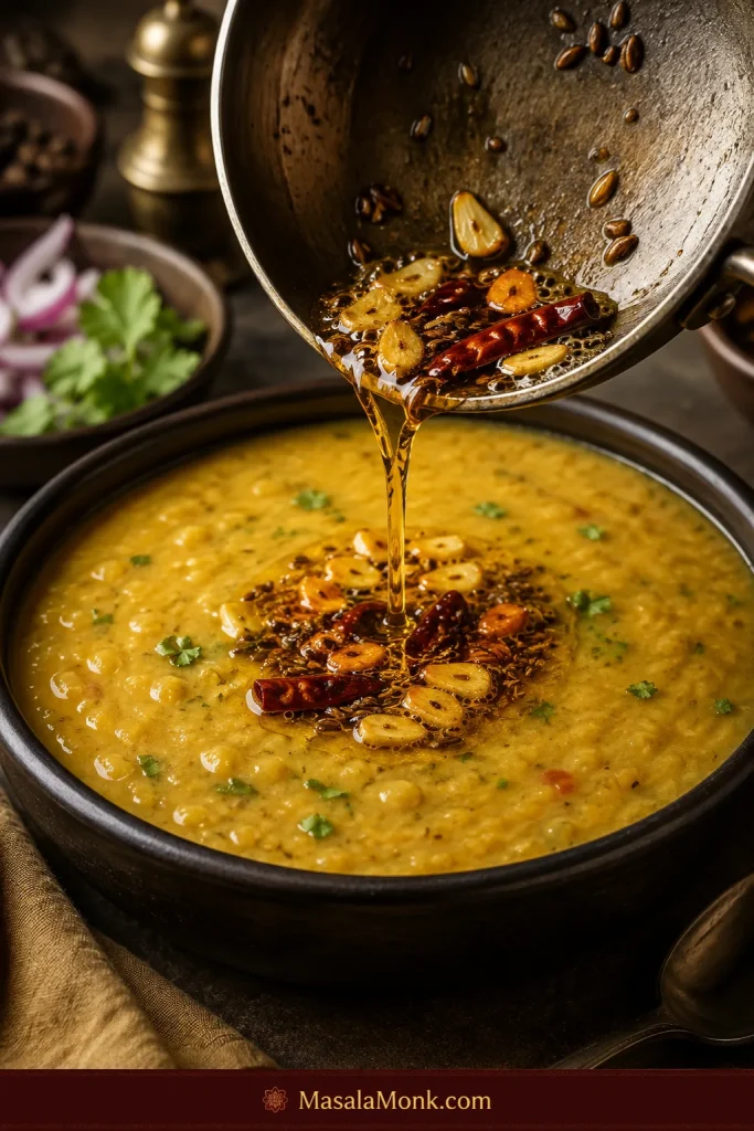 A small pan pouring red-gold ghee with cumin, sliced garlic and dried chilli over creamy yellow dal.