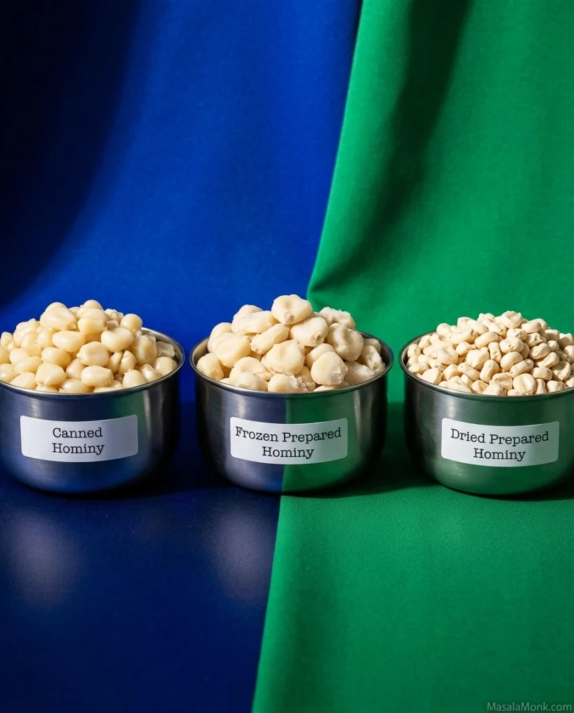 Three metal bowls compare canned hominy, frozen prepared hominy, and dried prepared hominy; the canned and frozen kernels are large and hydrated while the dried kernels are noticeably smaller.