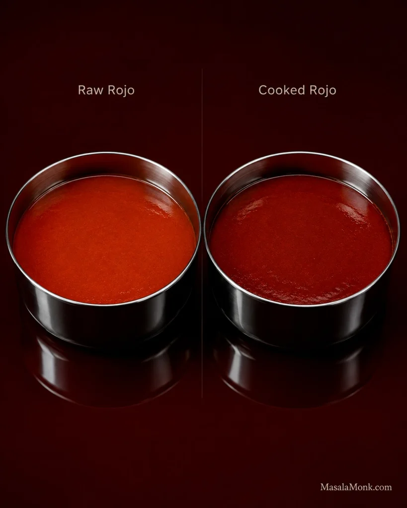 Two metal bowls labeled Raw Rojo and Cooked Rojo show a brighter red raw chile sauce beside a slightly darker, glossier cooked sauce.