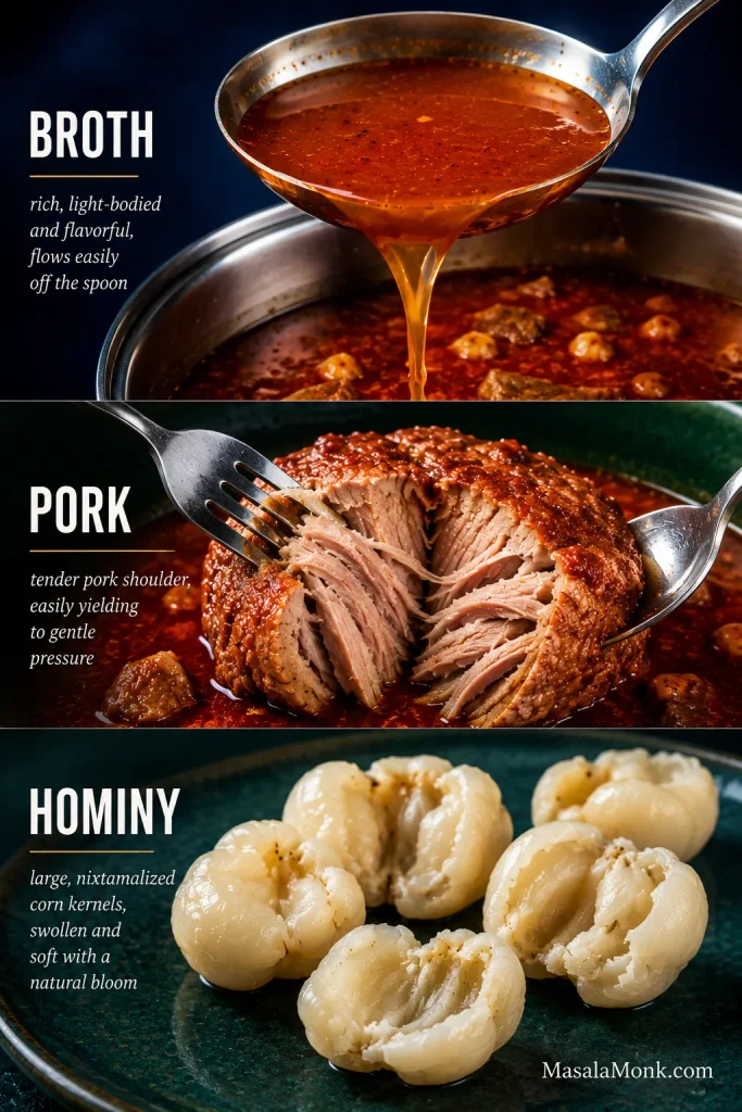 Three stacked close-up photographs labeled Broth, Pork, and Hominy show flowing red broth in a ladle, tender pork shoulder separating under utensils, and large opened cooked hominy kernels.