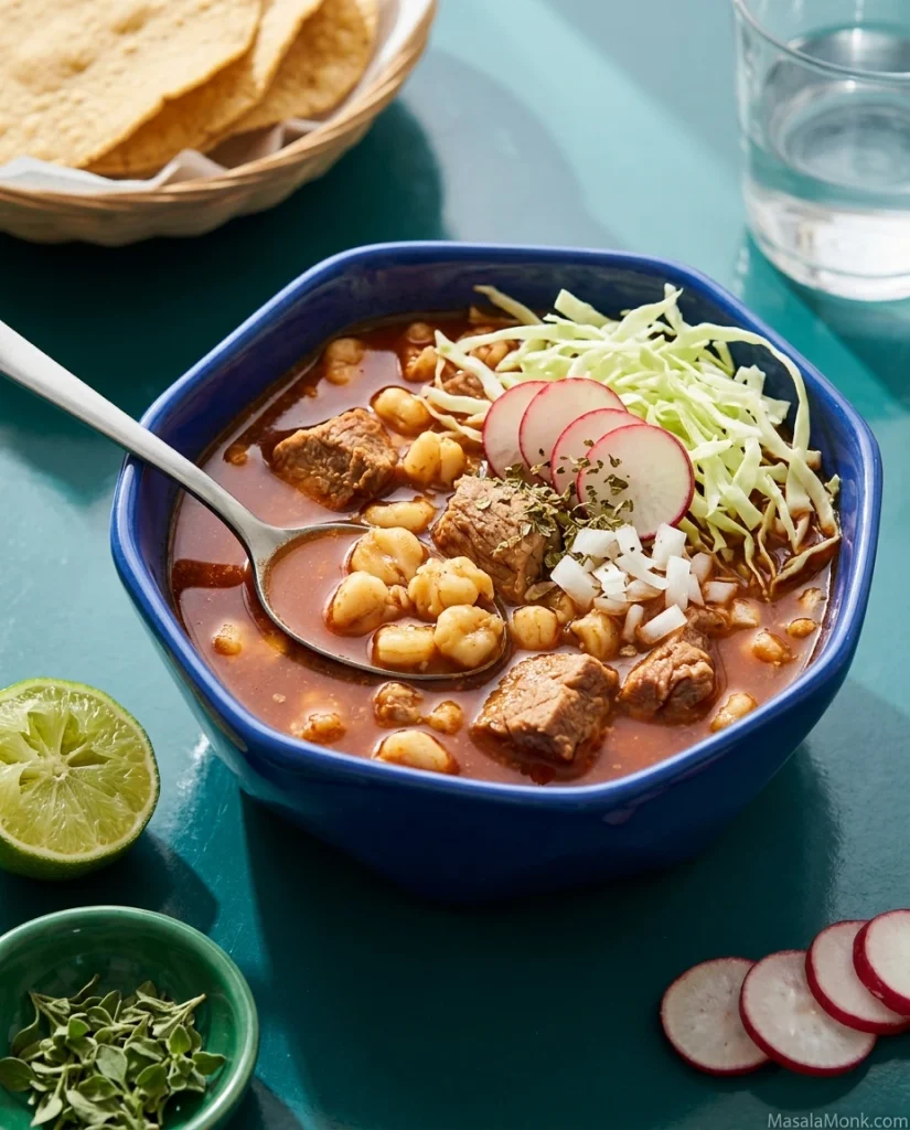 Blue bowl of reheated pozole rojo with pork and hominy, freshly topped with shredded cabbage, sliced radish, chopped white onion, oregano, and lime on a teal table.