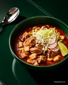 Portrait view of a green bowl filled with red pozole broth, large hominy kernels and pork chunks, topped with shredded cabbage, chopped white onion, radish slices, oregano, and a lime wedge.