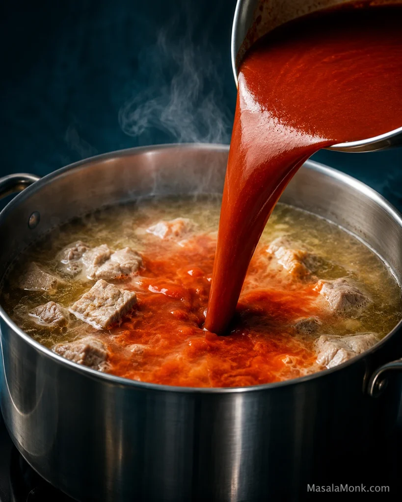 Smooth red chile sauce being poured into a stainless-steel pot of pale pork broth with visible pork chunks, creating red swirls through the simmering liquid.