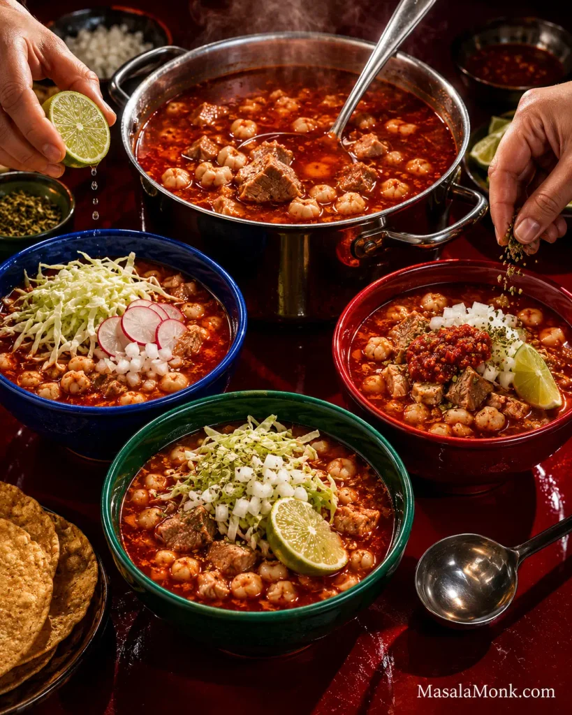 Steaming pot of pozole rojo surrounded by three bowls with different toppings; one emphasizes cabbage and radish, one lime and oregano, and one red chile salsa, while two hands add lime and herbs.