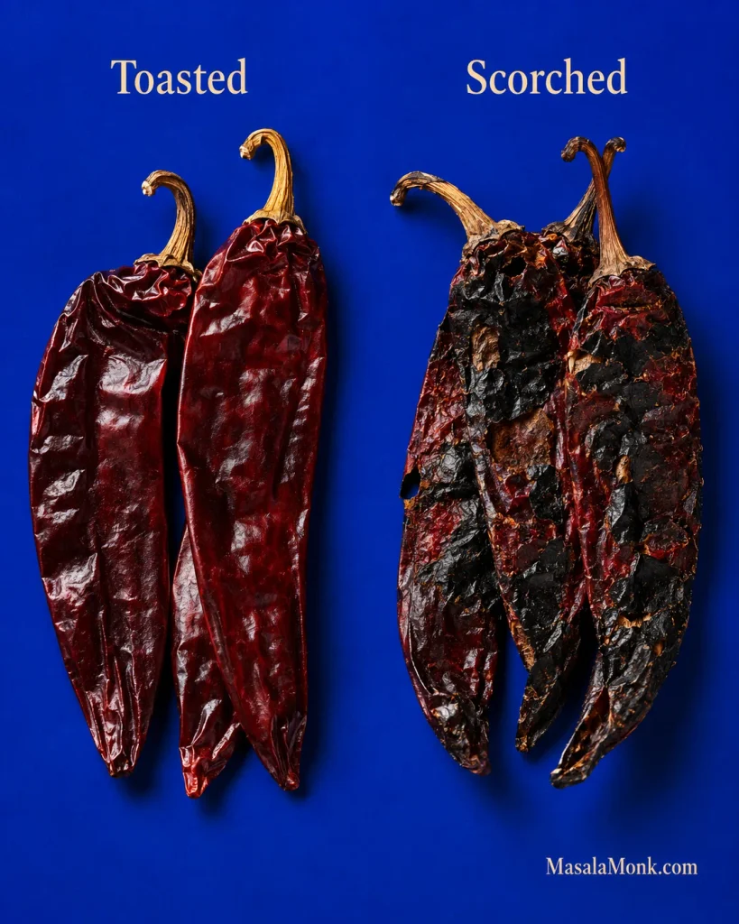 Side-by-side dried chiles labeled Toasted and Scorched on a blue background; the toasted chiles remain glossy dark red while the scorched chiles have extensive blackened patches.