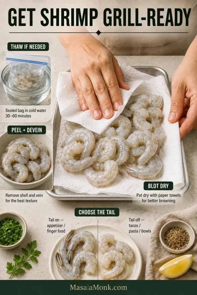 Overhead preparation scene with hands blotting raw peeled shrimp dry, alongside cues for thawing, peeling and deveining, tail choice and drying.