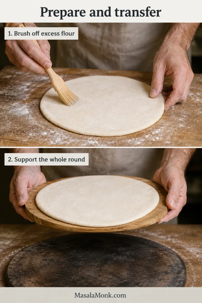 Two-step sequence showing loose flour brushed from a rolled pita and the full round supported during transfer.