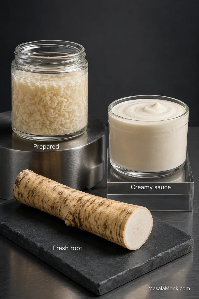 Prepared grated horseradish, creamy horseradish sauce, and a fresh horseradish root displayed side by side.