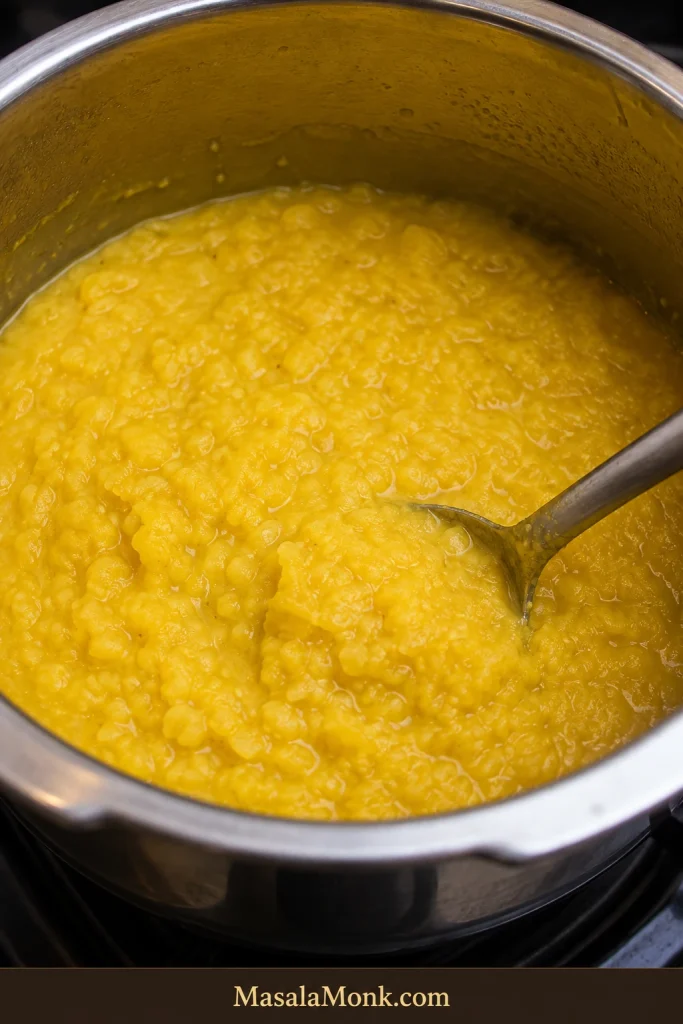 Fully cooked toor dal in a steel pressure cooker, with swollen grains beginning to split and collapse.